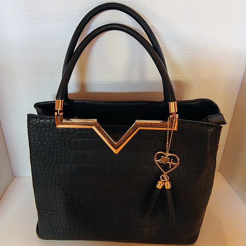 Crossi Black Gold Purse Handbag Crocodile Bag Zipper Tassle Pockets - Picture 8 of 13